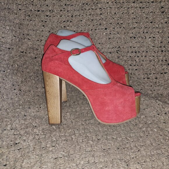 JEFFREY CAMPBELL-Foxy Wood Platform High Heel T-Strap-Red Suede-Sz39/9-Near Mint - Picture 5 of 8